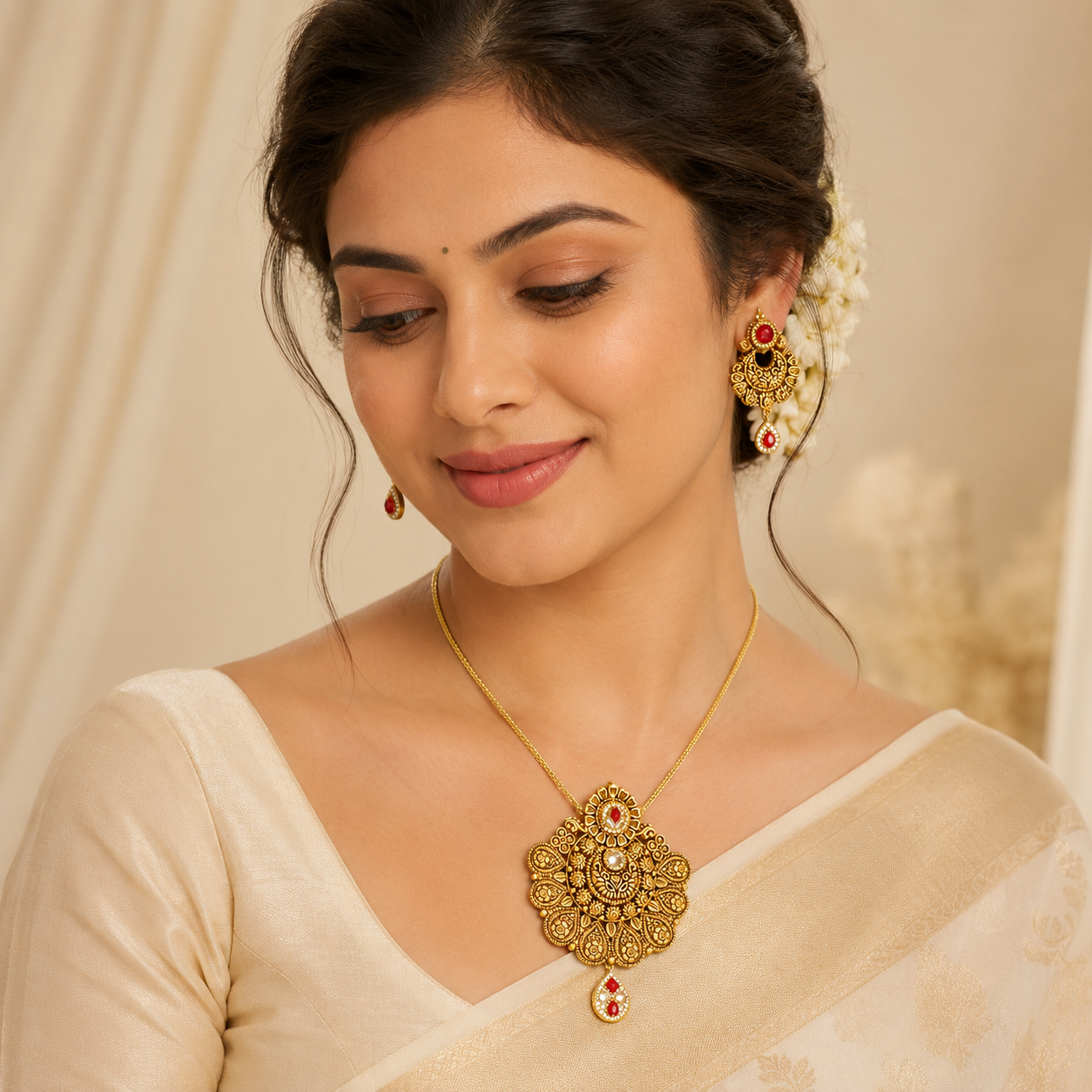 22Kt Antique Gold Floral Pendant Set with Red Ruby & Kundan Stones | Savya Jewels