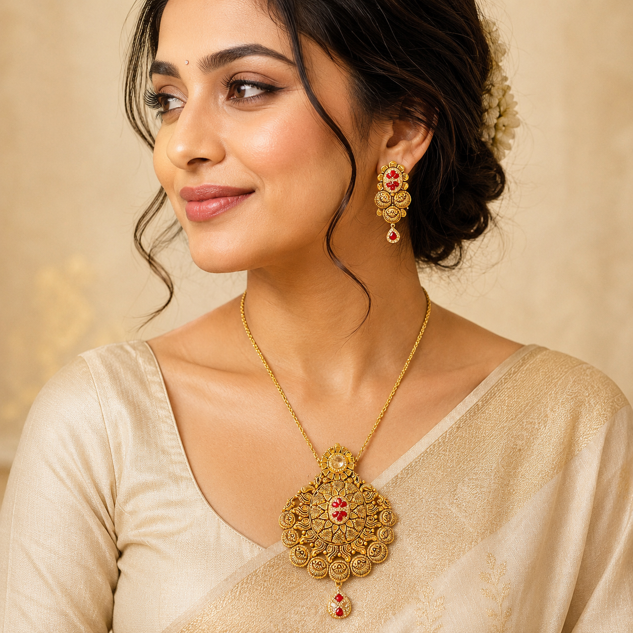 22Kt Antique Gold Diamond Shape Pendant Set with Red Ruby Stones | Savya Jewels