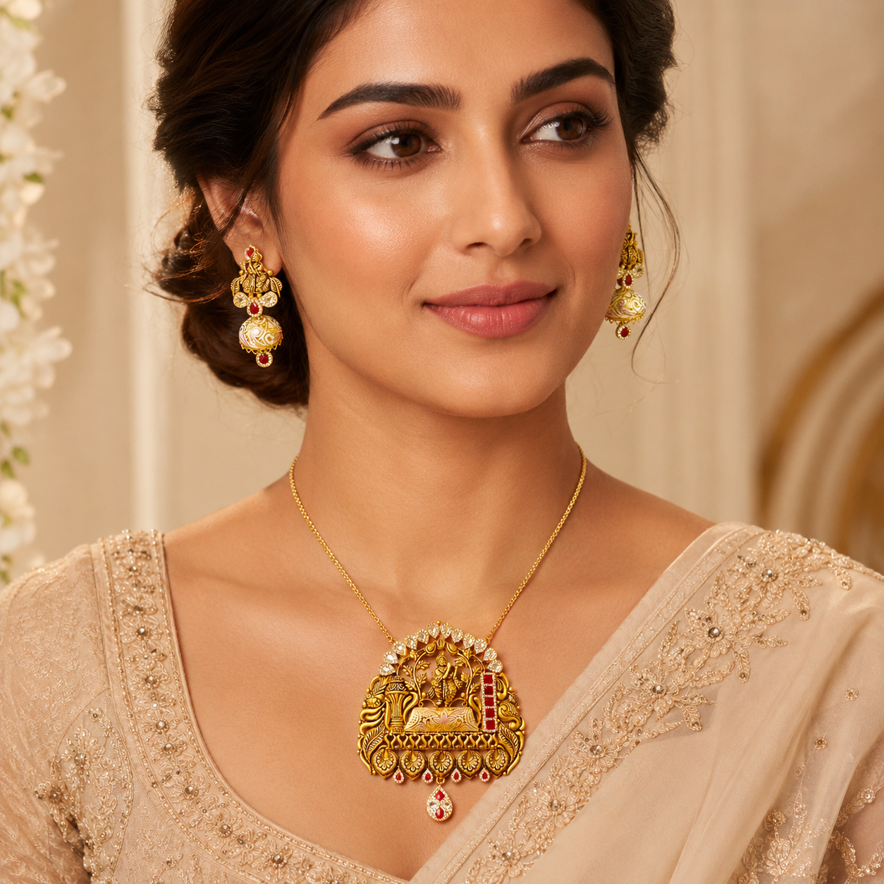 22Kt Antique Gold Krishna Temple Pendant Set with Jhumka Earrings | Savya Jewels