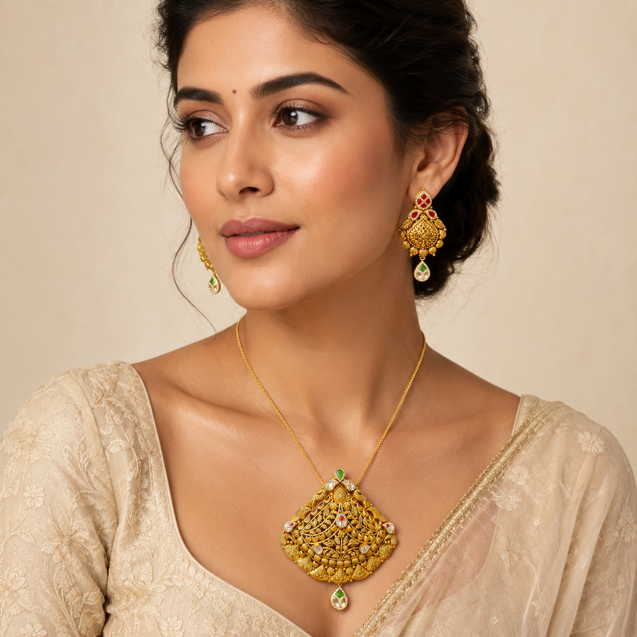 22Kt Antique Gold Peacock Jali Pendant Set with Emerald & Polki Drops | Savya Jewels