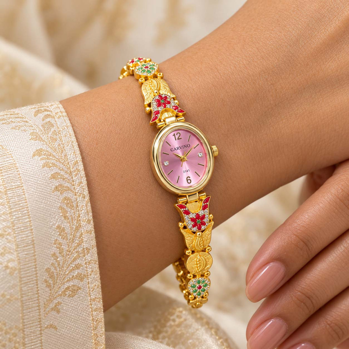 Pink Dial 925 Silver Ladies Watch with Gold-Tone Finish | Savya Jewels
