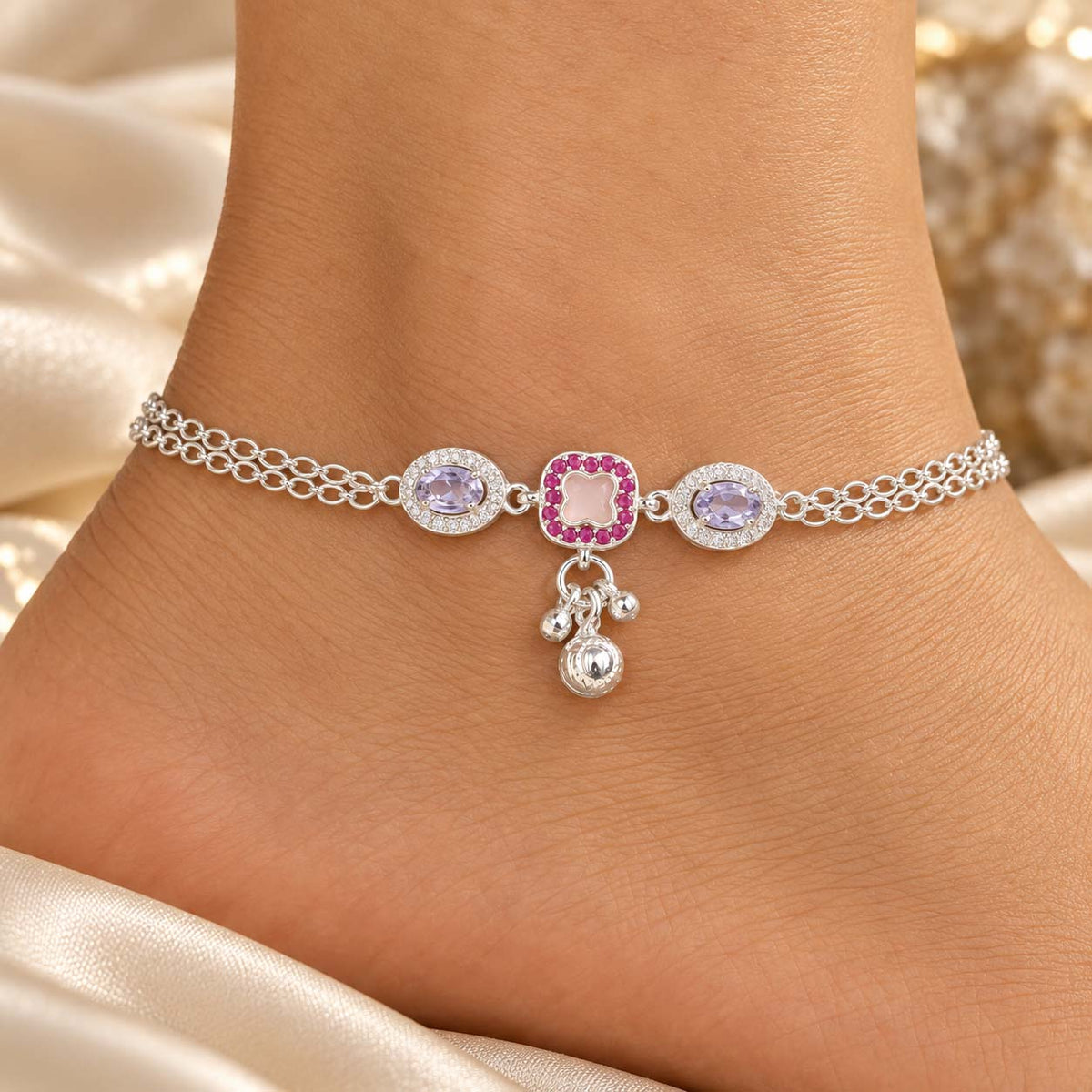 Lavender & Pink Double Chain 925 Sterling Silver Payal Anklets