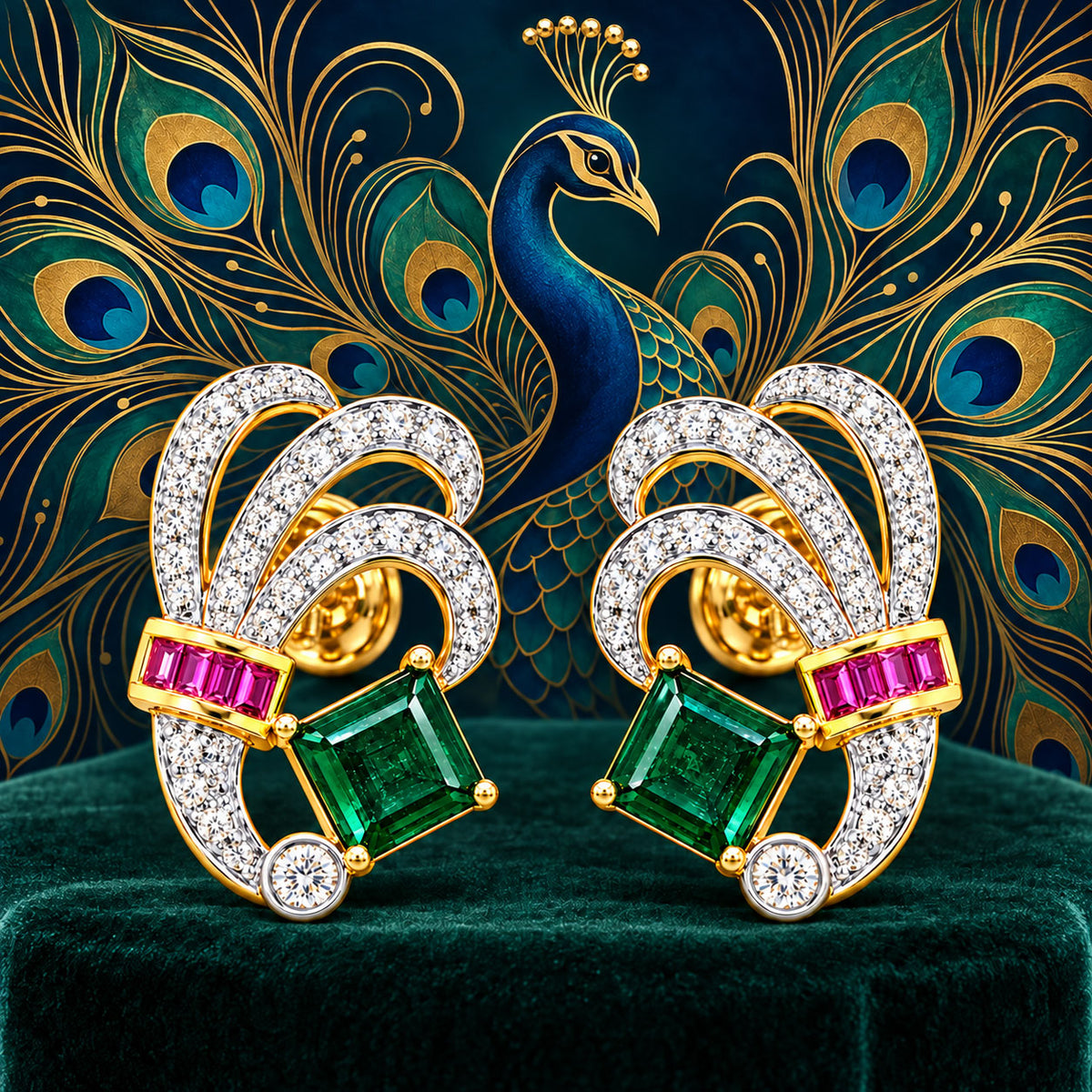 18K Gold Purple Stone and Emerald Diamond Wreath Earrings