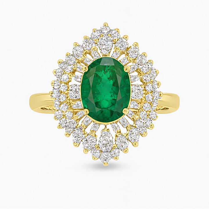 Best Emerald Halo Diamond Cocktail Ring in Yellow Gold in Meerut | Savya Jewels