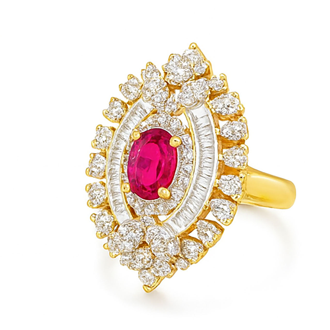 Ruby Halo Diamond Cocktail Ring in Yellow Gold | Savya Jewels | 18Kt 18-kt-gold | ruby