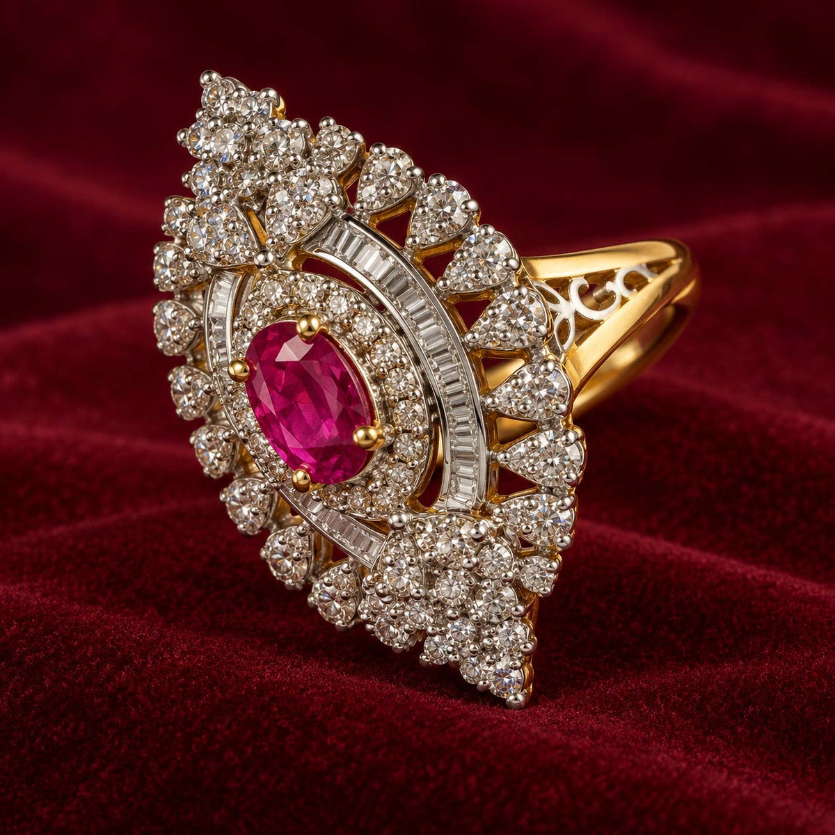 Ruby Halo Diamond Cocktail Ring in Yellow Gold