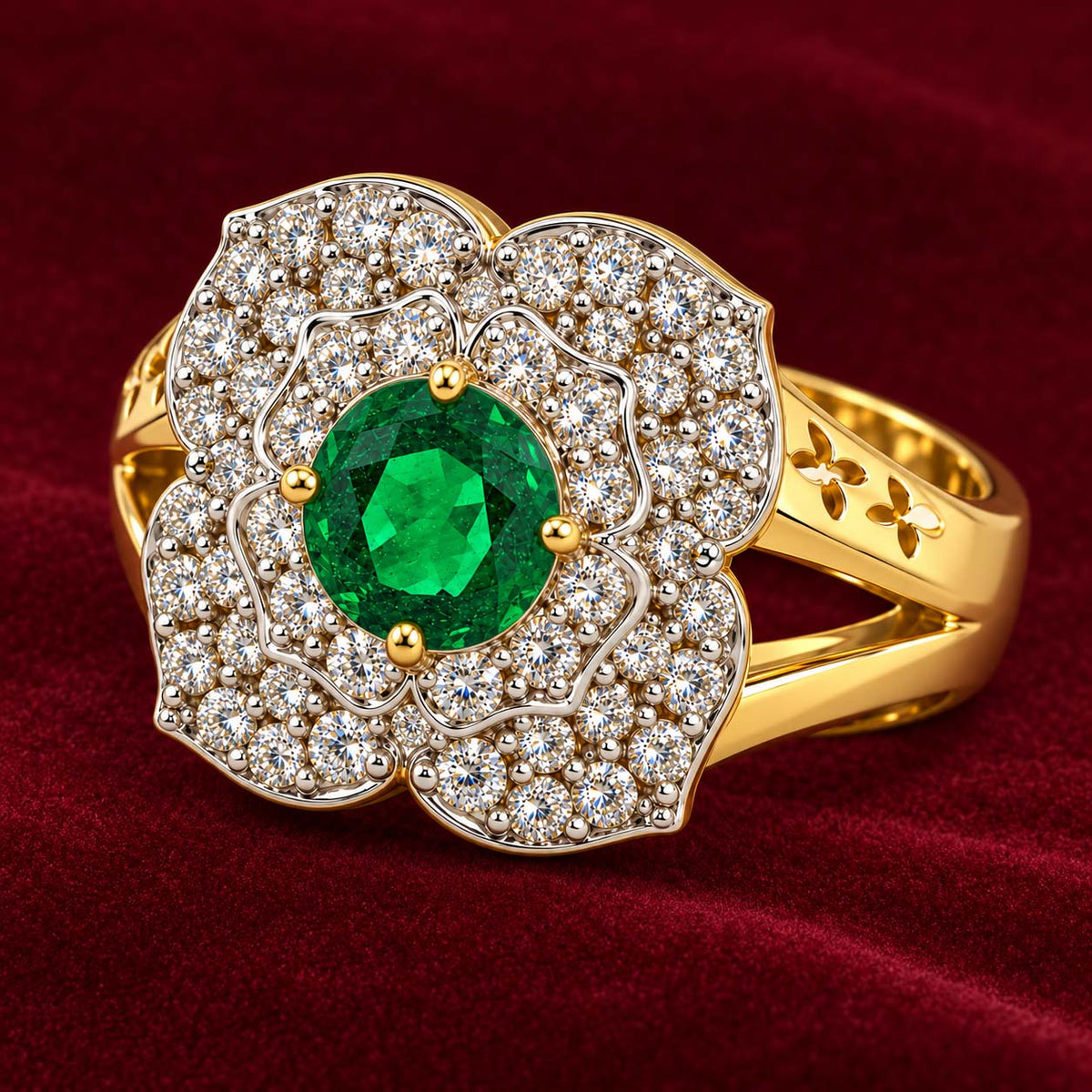 Luxury Emerald Surrounded Diamond Cocktail Ring
