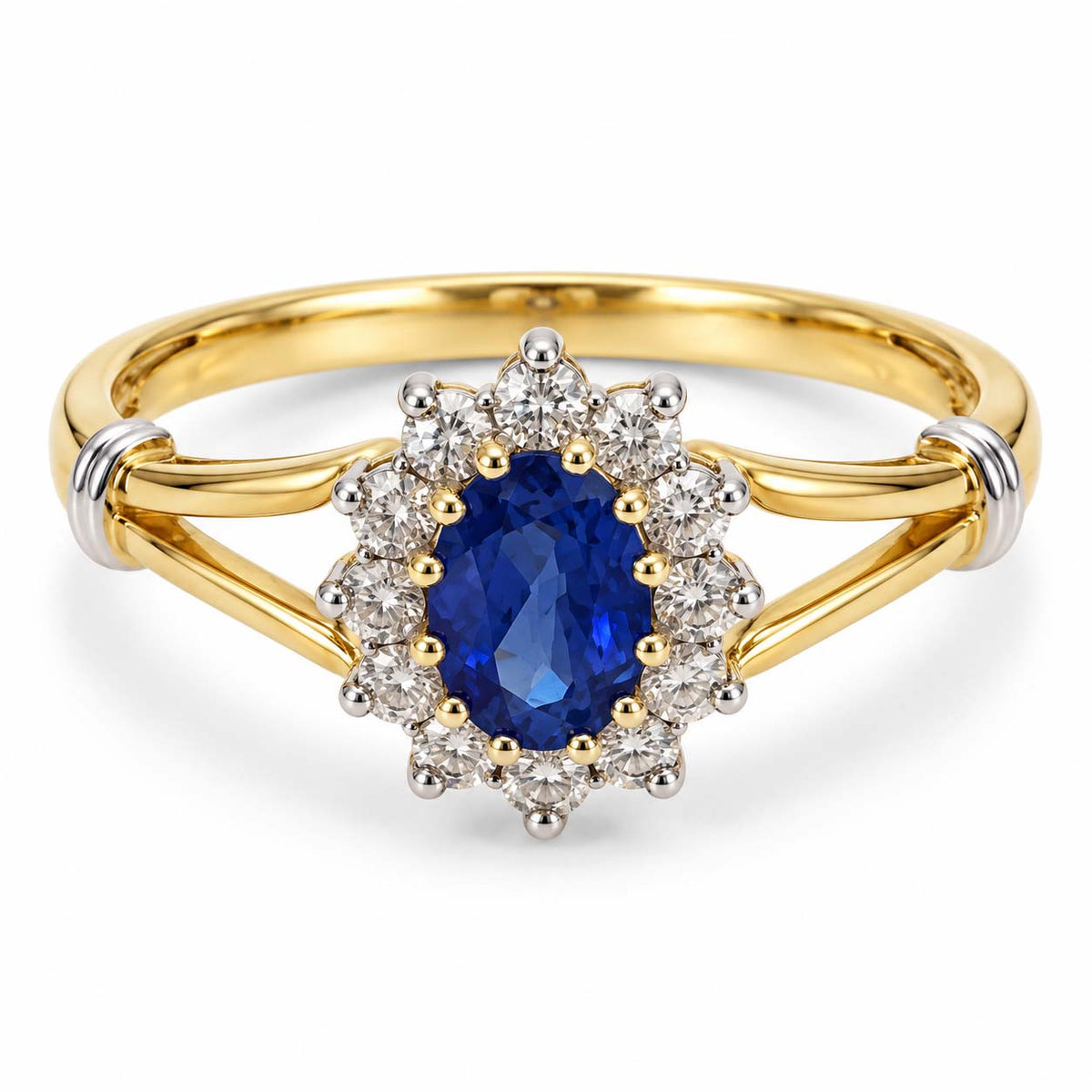 18K Gold Oval Blue Sapphire Diamond Halo Ring