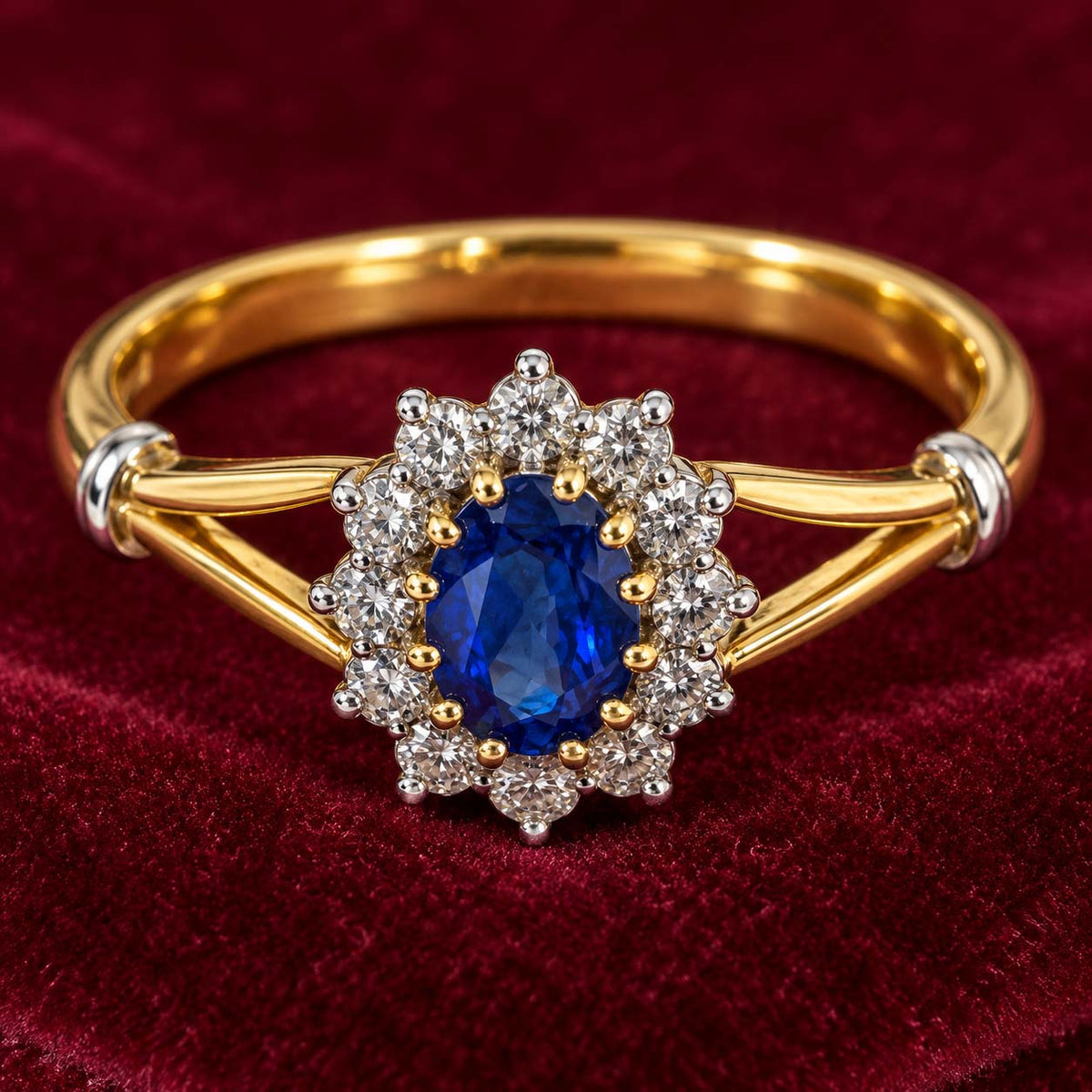 18K Gold Oval Blue Sapphire Diamond Halo Ring