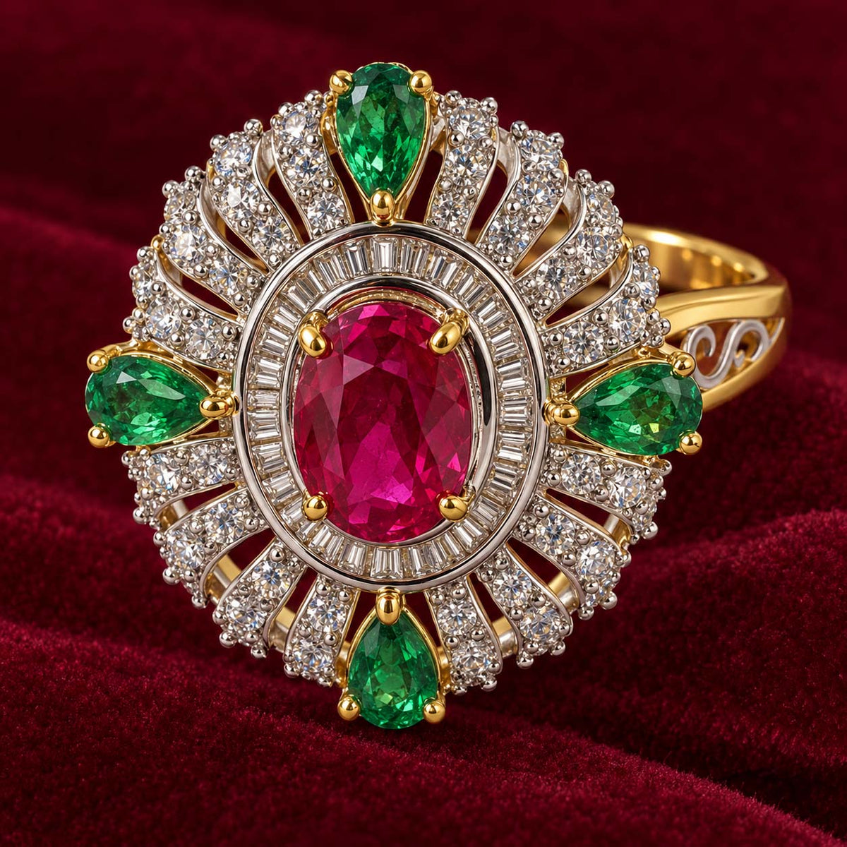 Emerald Spark Ruby Diamond Statement Ring