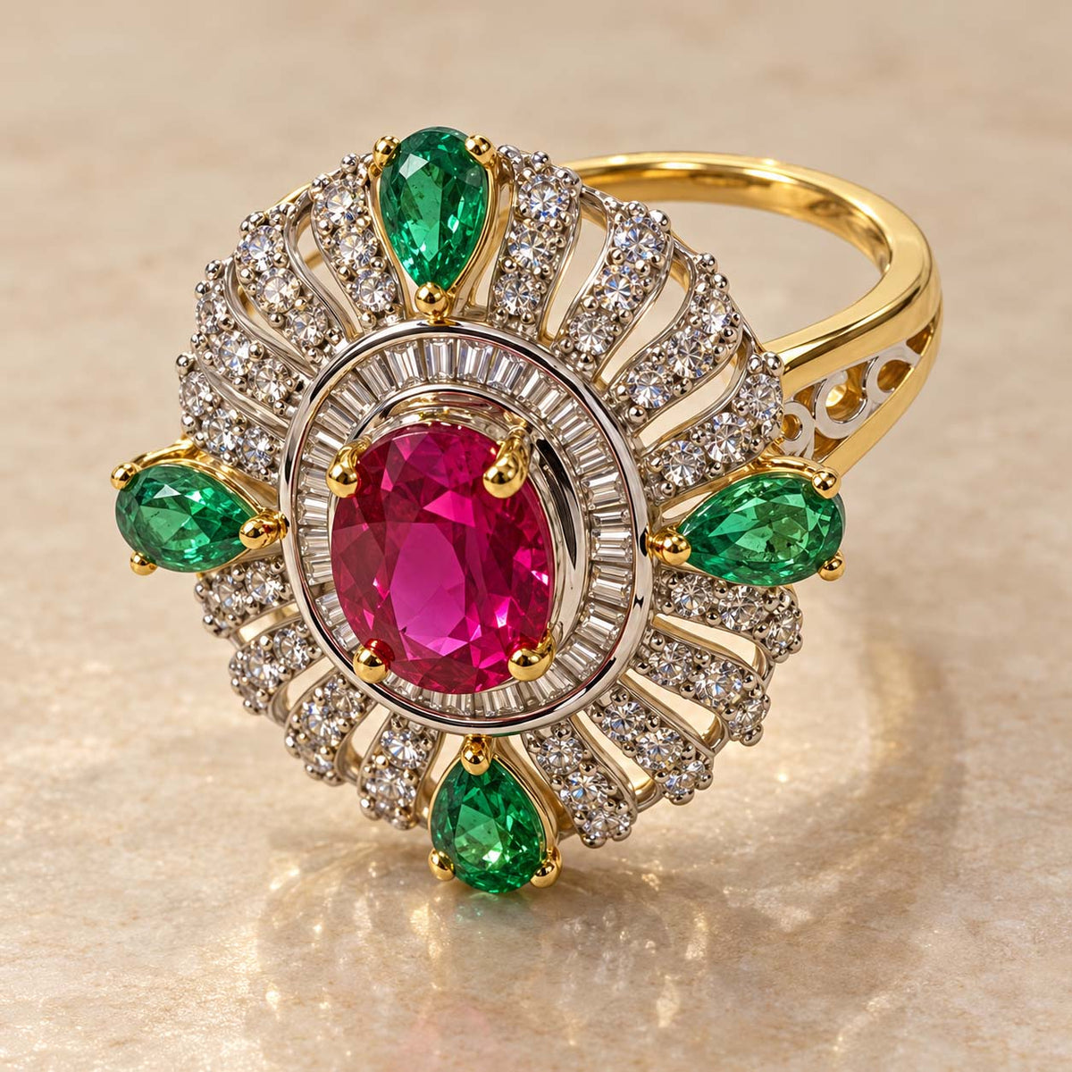 Emerald Spark Ruby Diamond Statement Ring