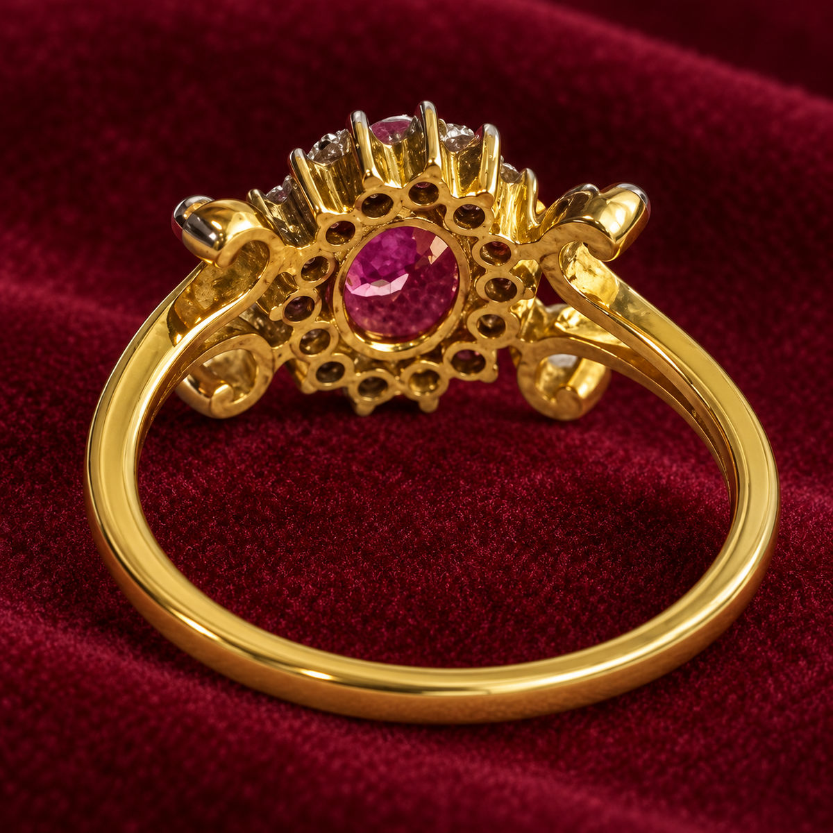 18K Gold Oval Ruby Diamond Halo Scrollwork Ring