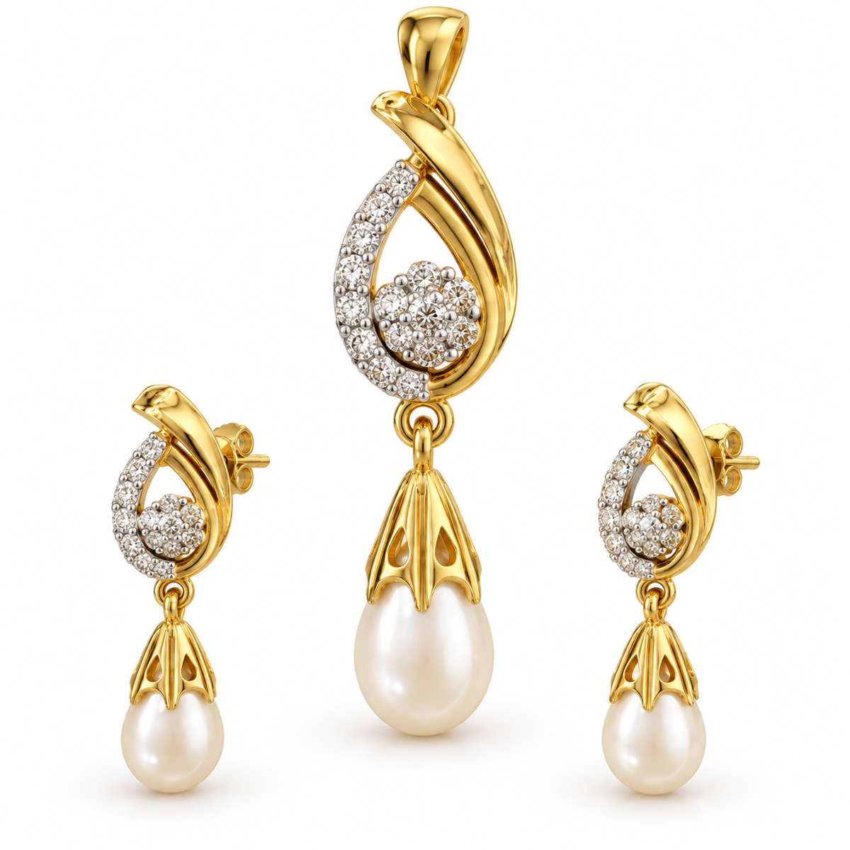 Royale Swirl Diamond Pearl Pendant Set
