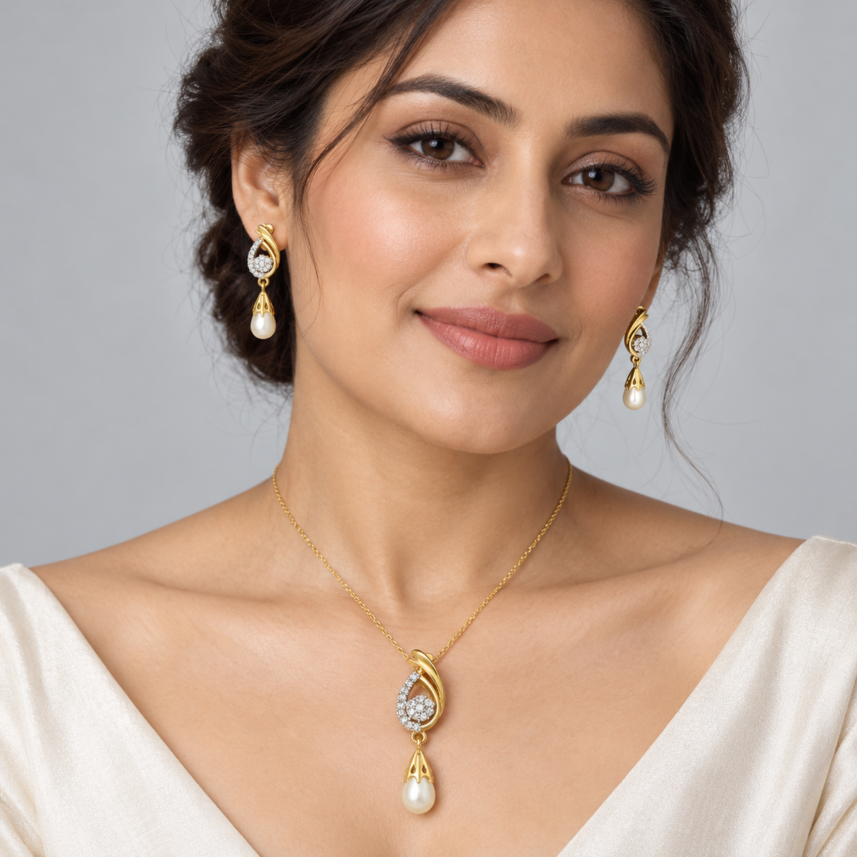 Royale Swirl Diamond Pearl Pendant Set