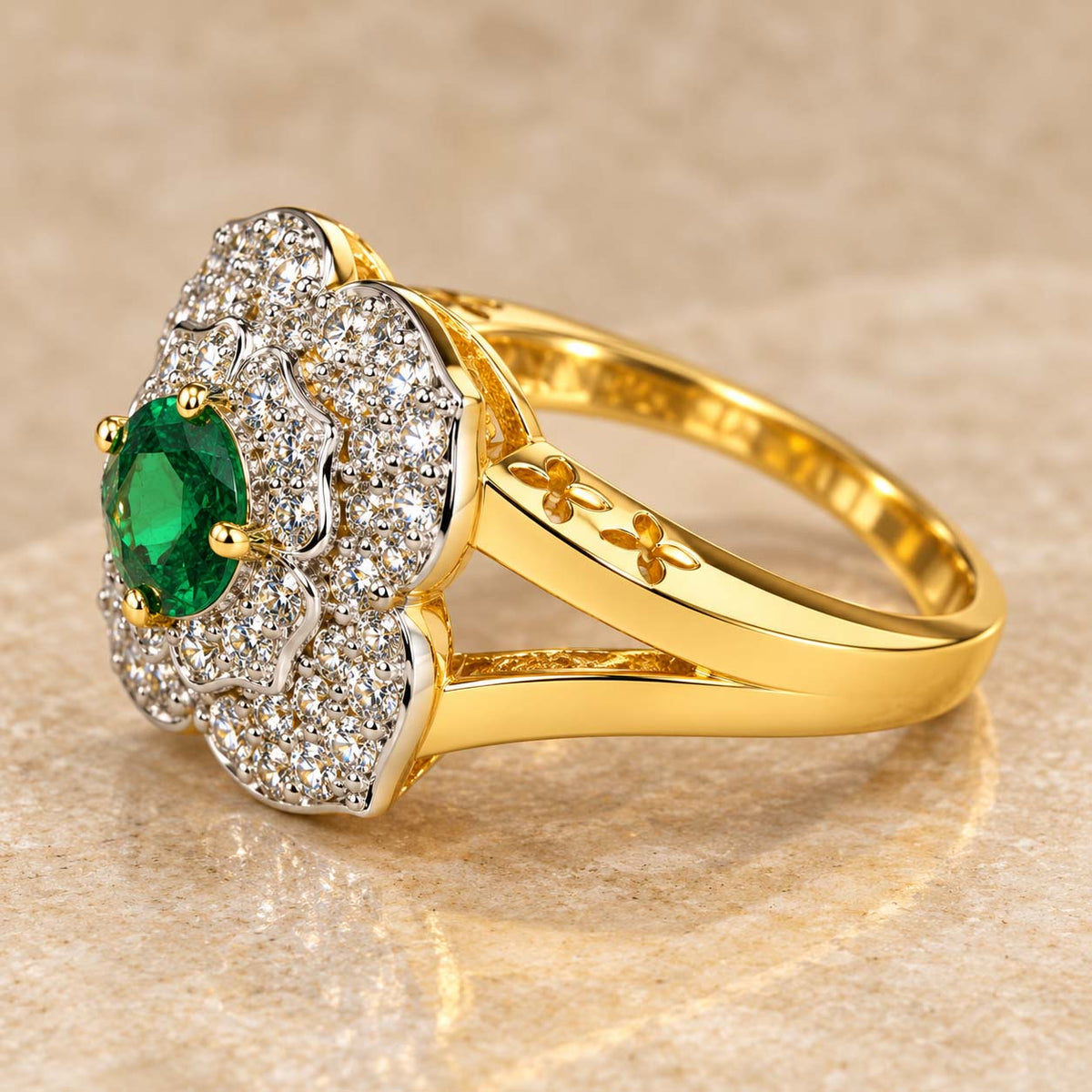 Luxury Emerald Surrounded Diamond Cocktail Ring