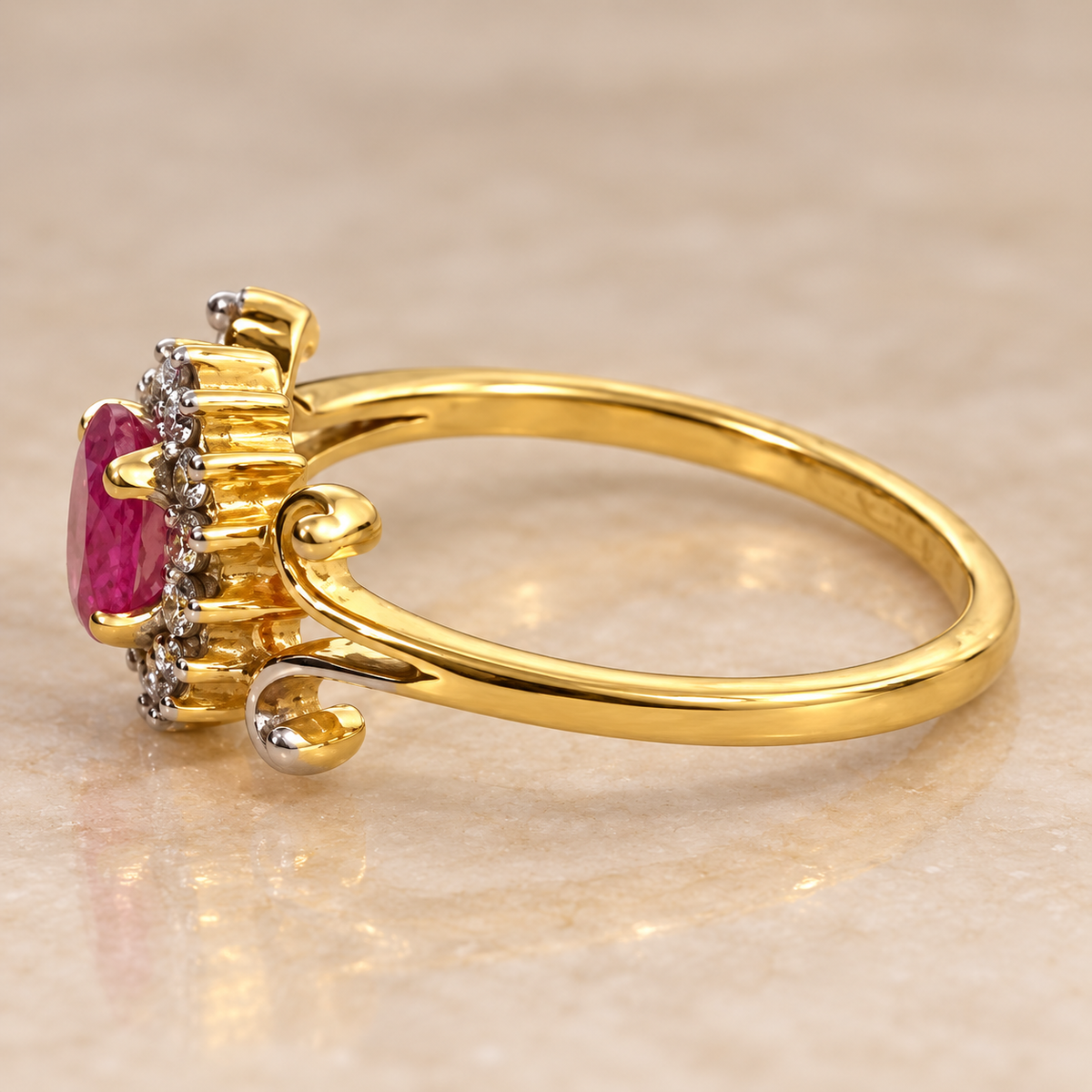 18K Gold Oval Ruby Diamond Halo Scrollwork Ring