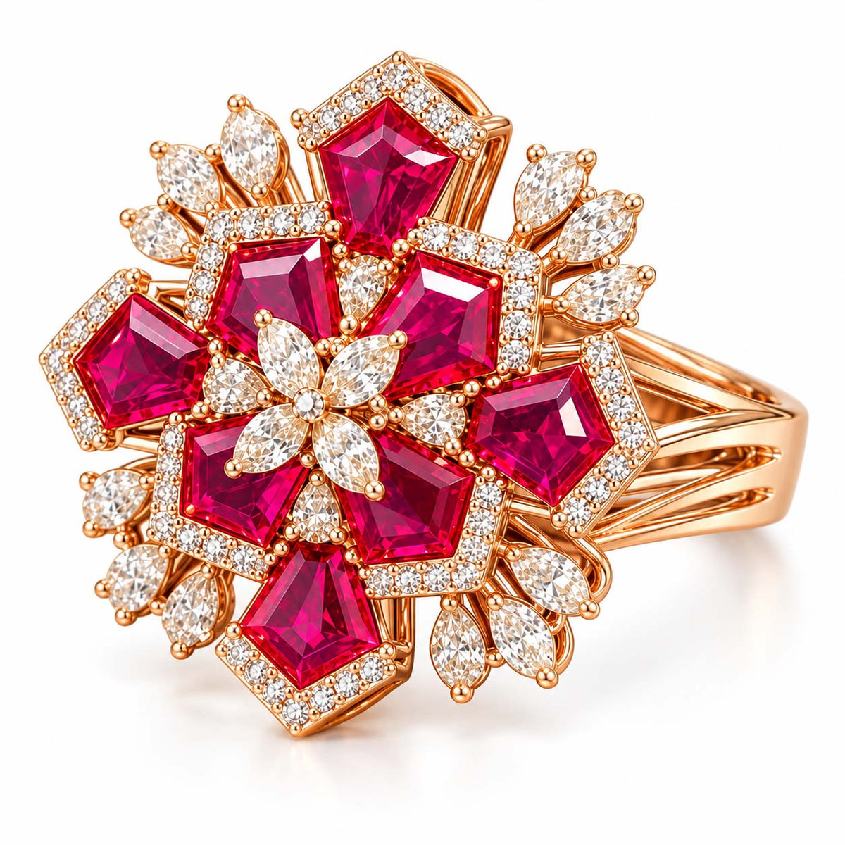Rose Gold Red Gemstone and Diamond Floral Cocktail Ring | Savya Jewels