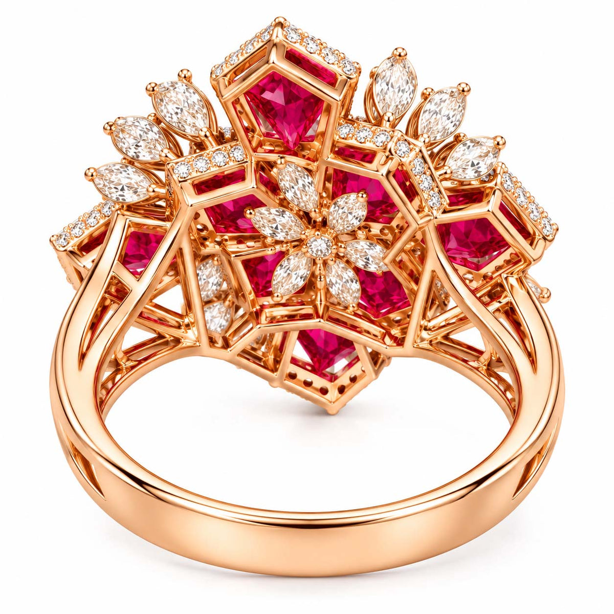 Rose Gold Red Gemstone and Diamond Floral Cocktail Ring | Savya Jewels