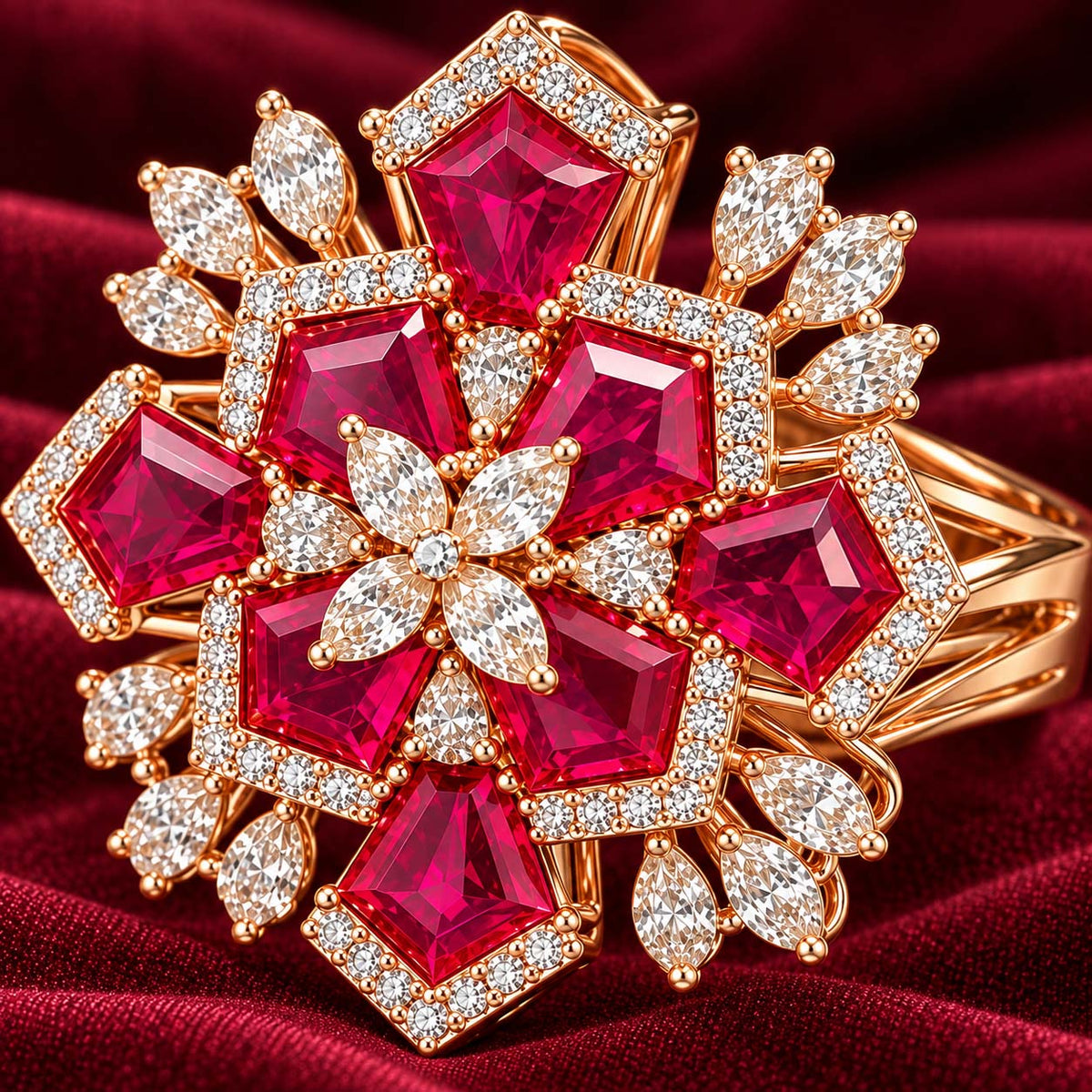 Rose Gold Red Gemstone and Diamond Floral Cocktail Ring | Savya Jewels