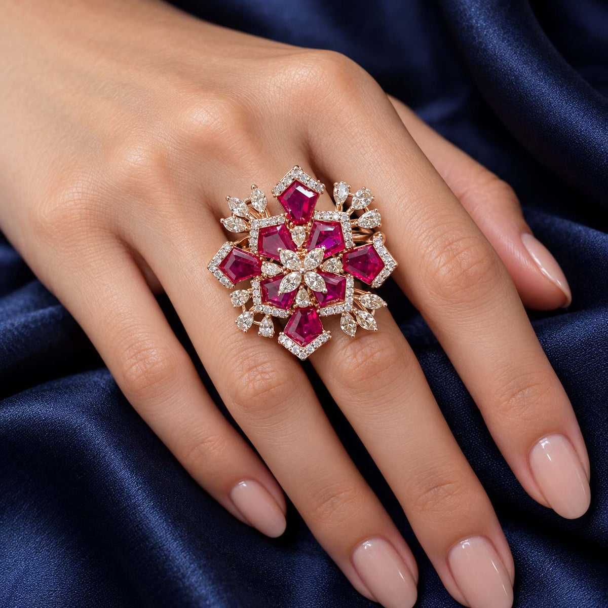 Rose Gold Red Gemstone and Diamond Floral Cocktail Ring | Savya Jewels