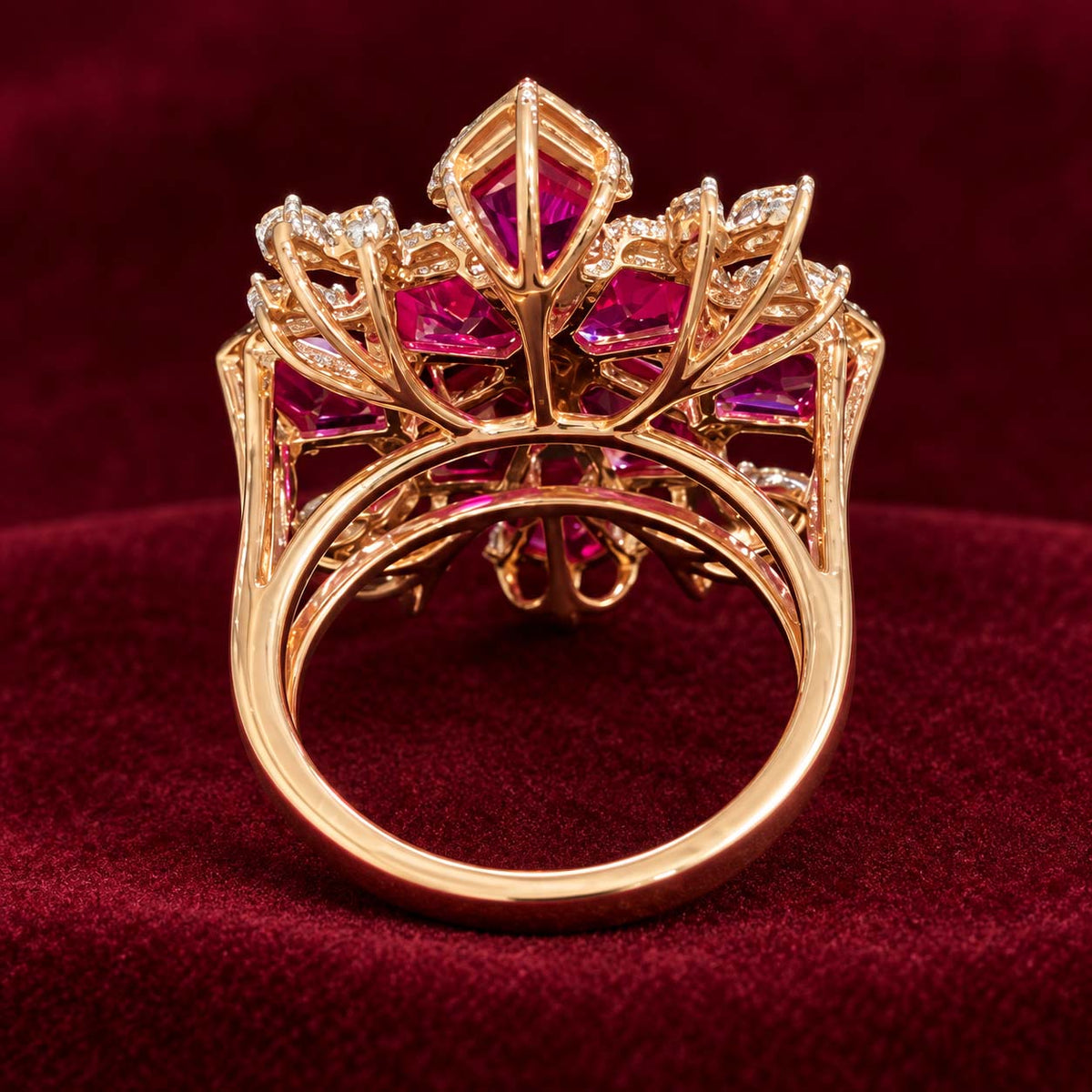 Rose Gold Red Gemstone and Diamond Floral Cocktail Ring | Savya Jewels