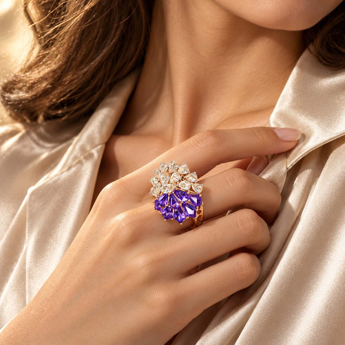 Rose Gold Red Gemstone and Diamond Floral Cocktail Ring | Savya Jewels