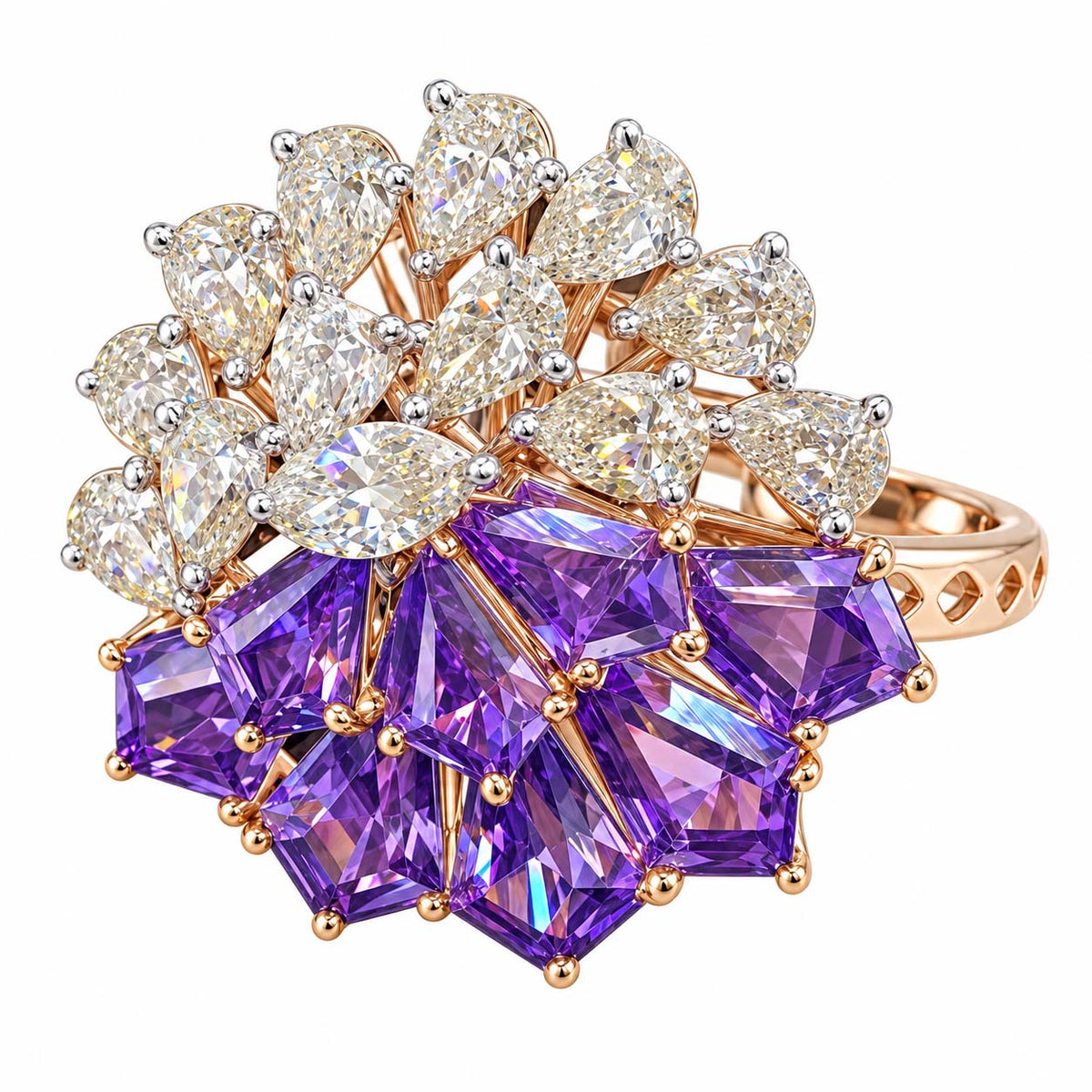 Rose Gold Red Gemstone and Diamond Floral Cocktail Ring | Savya Jewels