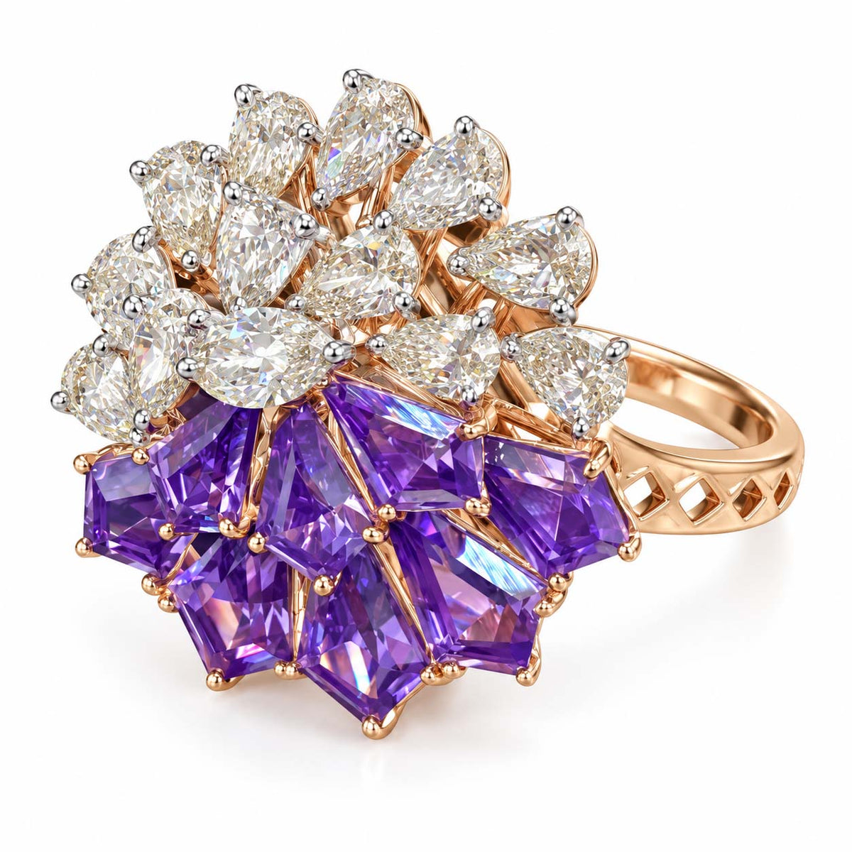 Rose Gold Red Gemstone and Diamond Floral Cocktail Ring | Savya Jewels
