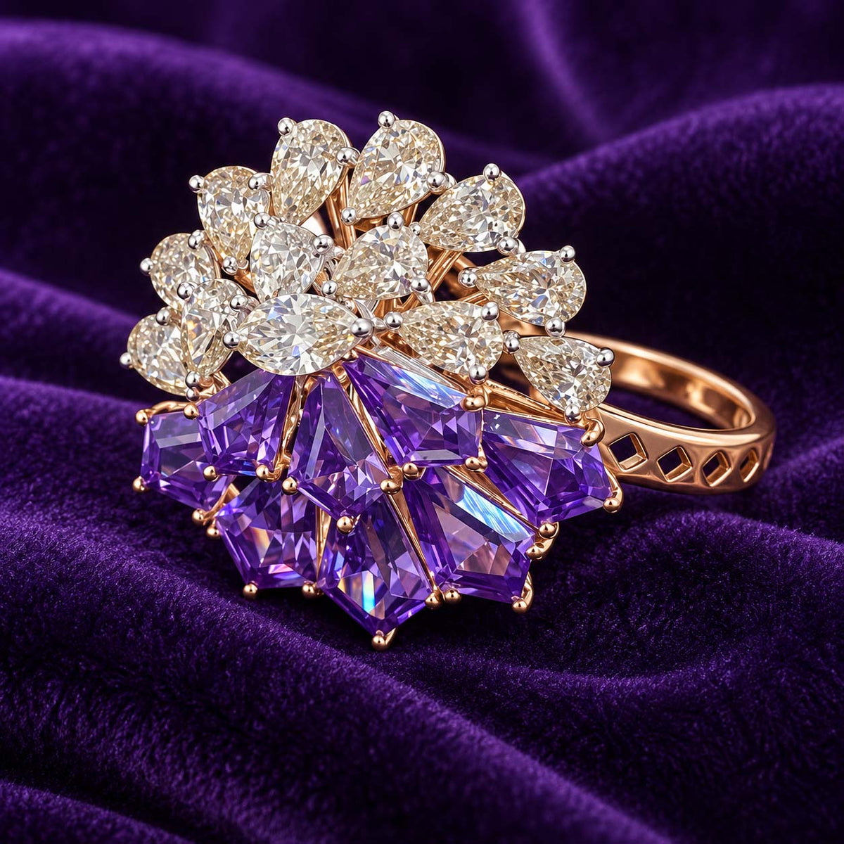 Rose Gold Red Gemstone and Diamond Floral Cocktail Ring | Savya Jewels