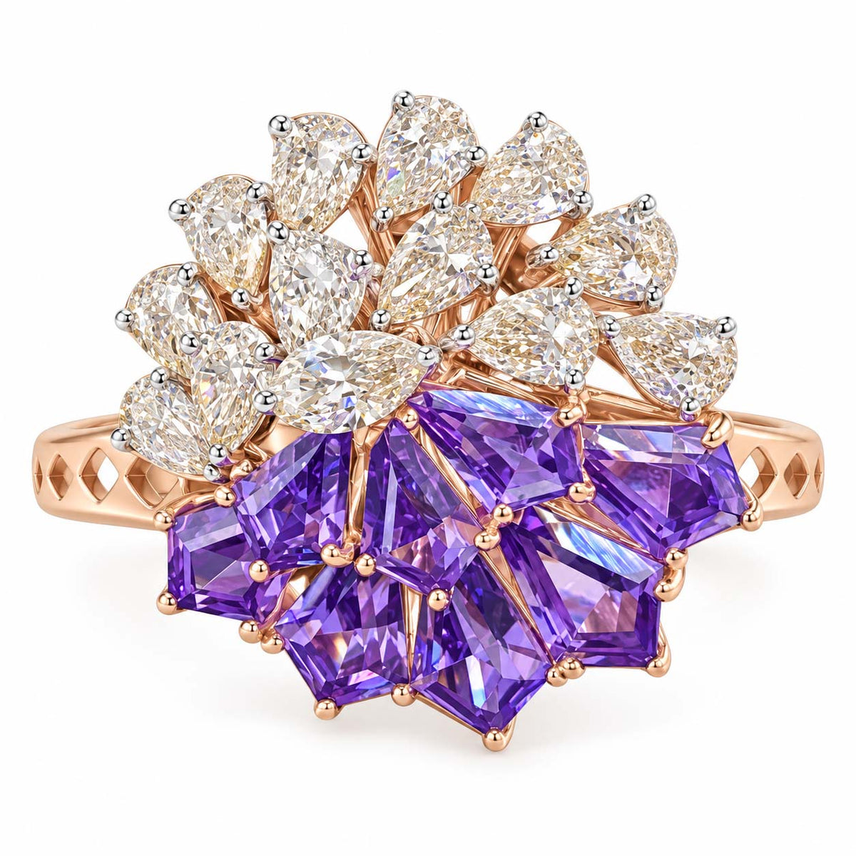 Rose Gold Red Gemstone and Diamond Floral Cocktail Ring | Savya Jewels