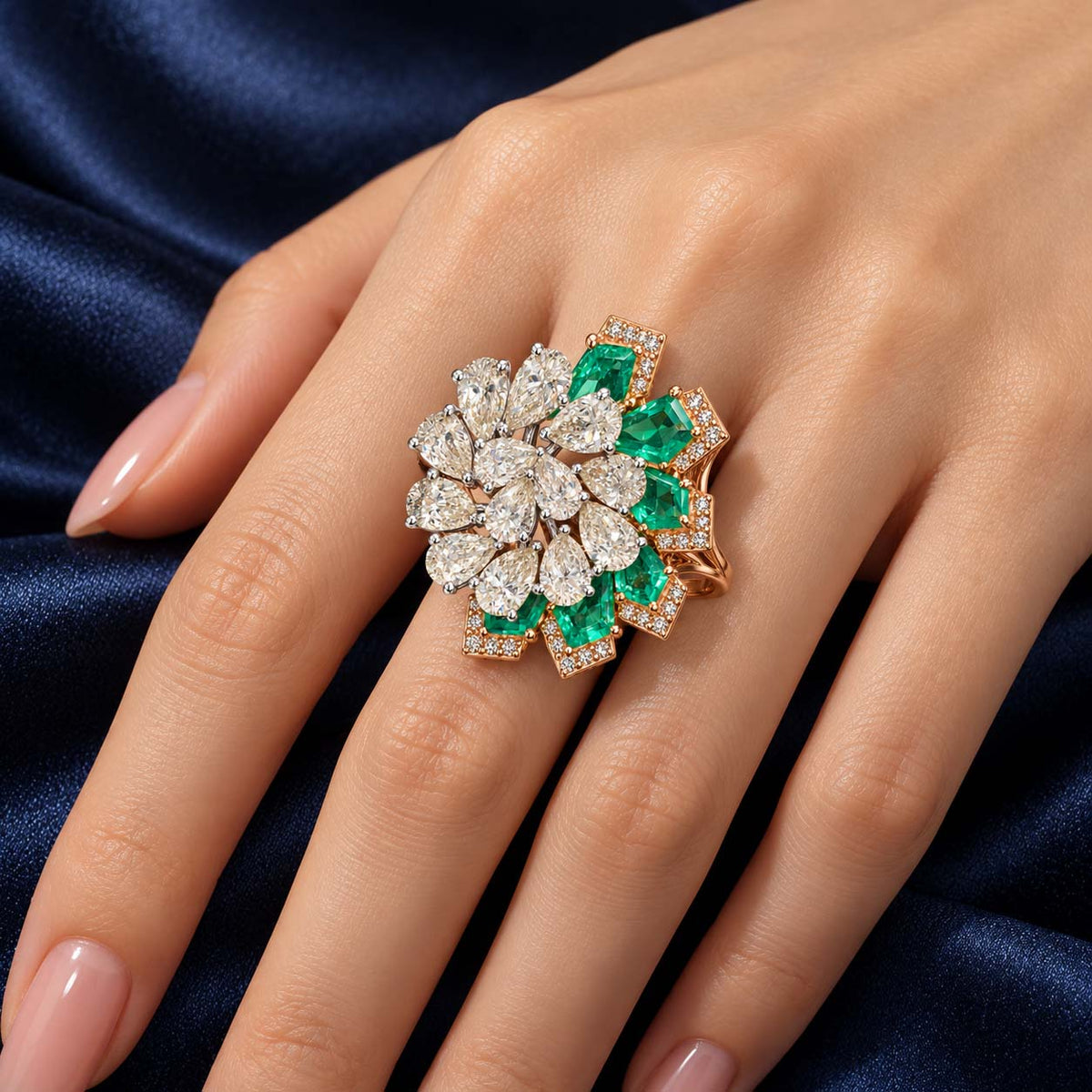 Rose Gold Green Gemstone and Diamond Floral Cocktail Ring | Savya Jewels