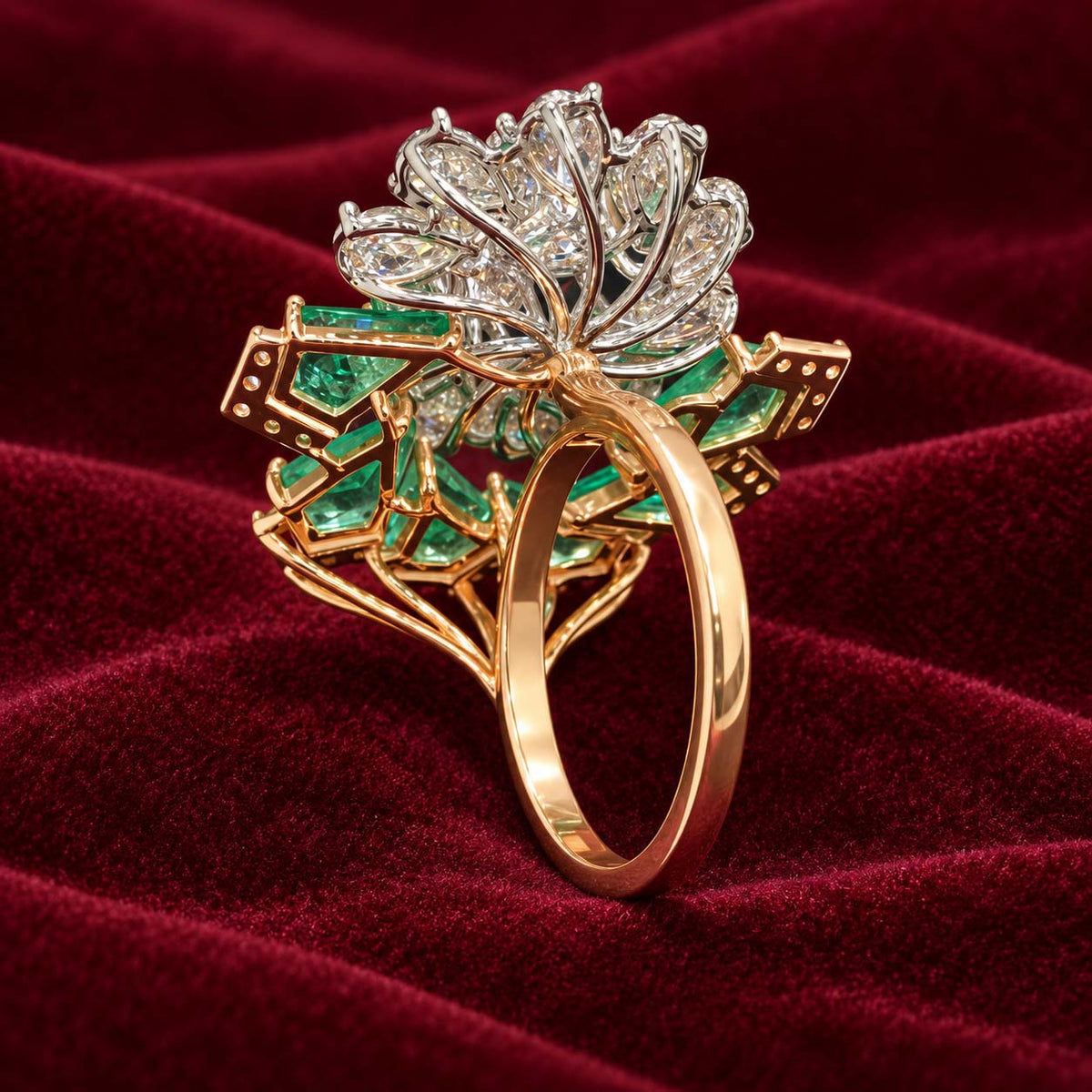 Rose Gold Green Gemstone and Diamond Floral Cocktail Ring | Savya Jewels