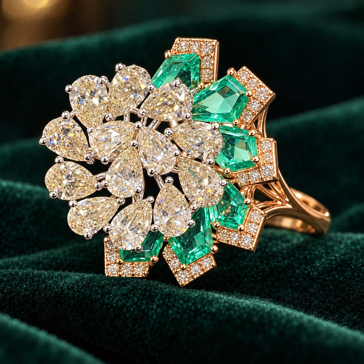 Rose Gold Green Gemstone and Diamond Floral Cocktail Ring | Savya Jewels