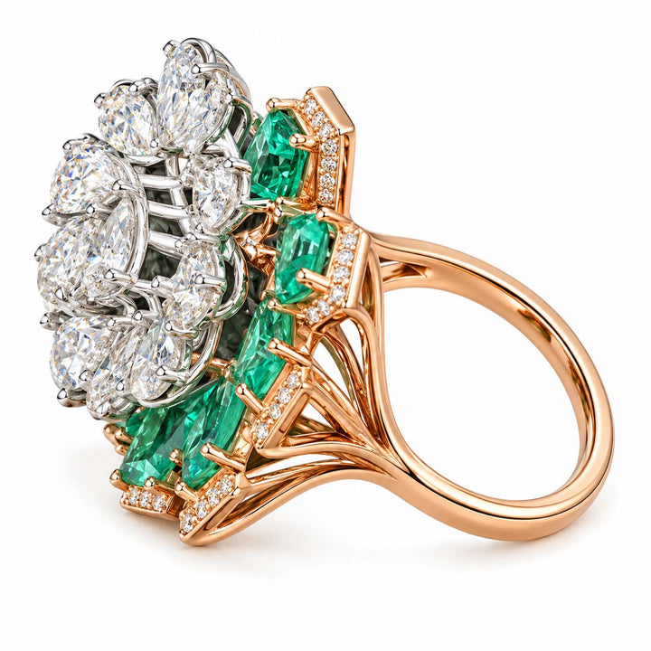 Rose Gold Green Gemstone and Diamond Floral Cocktail Ring | Savya Jewels