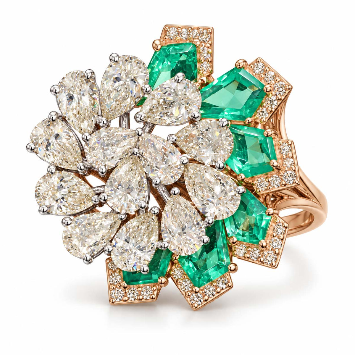 Rose Gold Green Gemstone and Diamond Floral Cocktail Ring | Savya Jewels