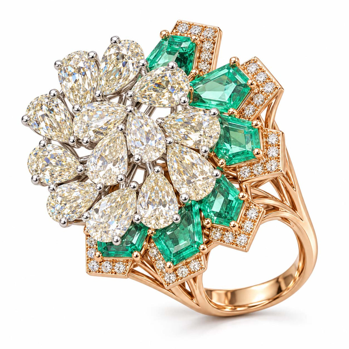 Rose Gold Green Gemstone and Diamond Floral Cocktail Ring | Savya Jewels