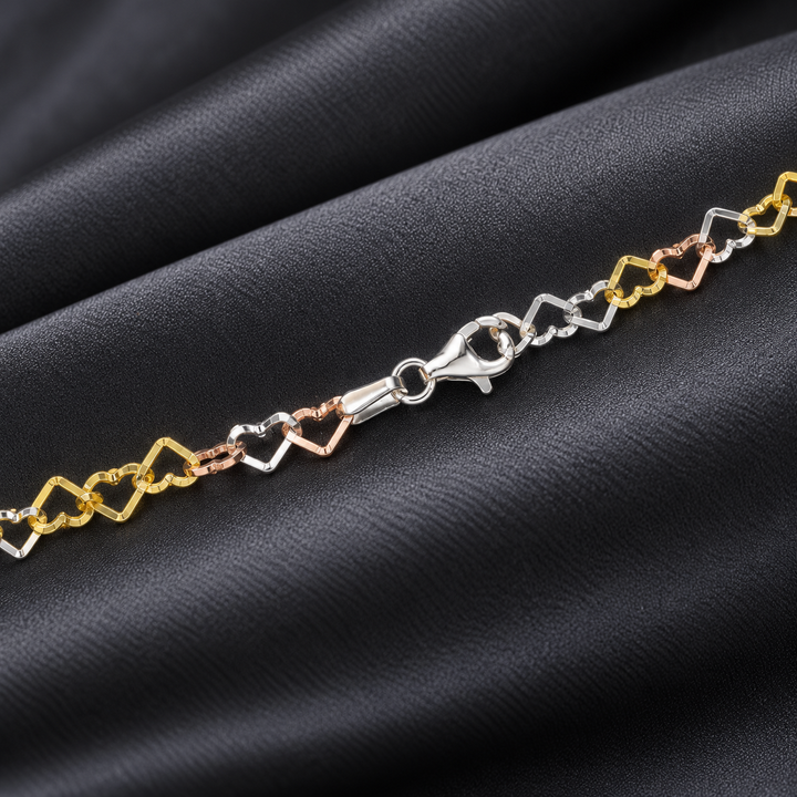 Three-Tone Heart Link 925 Sterling Silver Payal Anklets