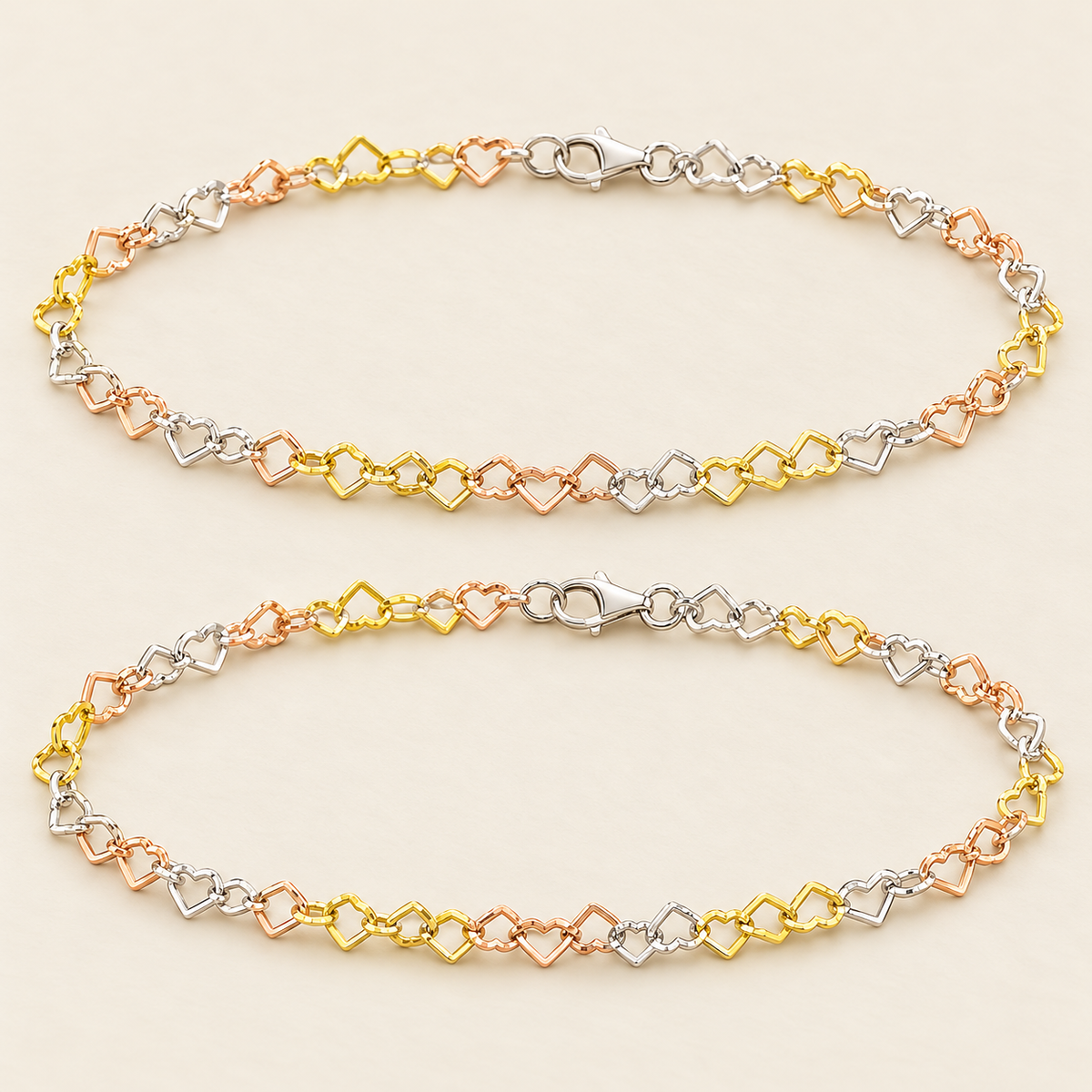 Three-Tone Heart Link 925 Sterling Silver Payal Anklets