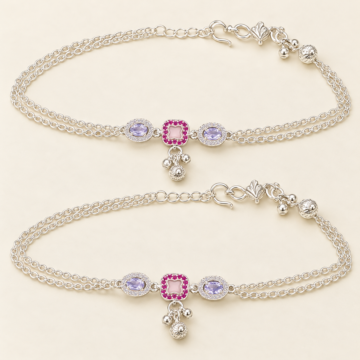 Lavender & Pink Double Chain 925 Sterling Silver Payal Anklets