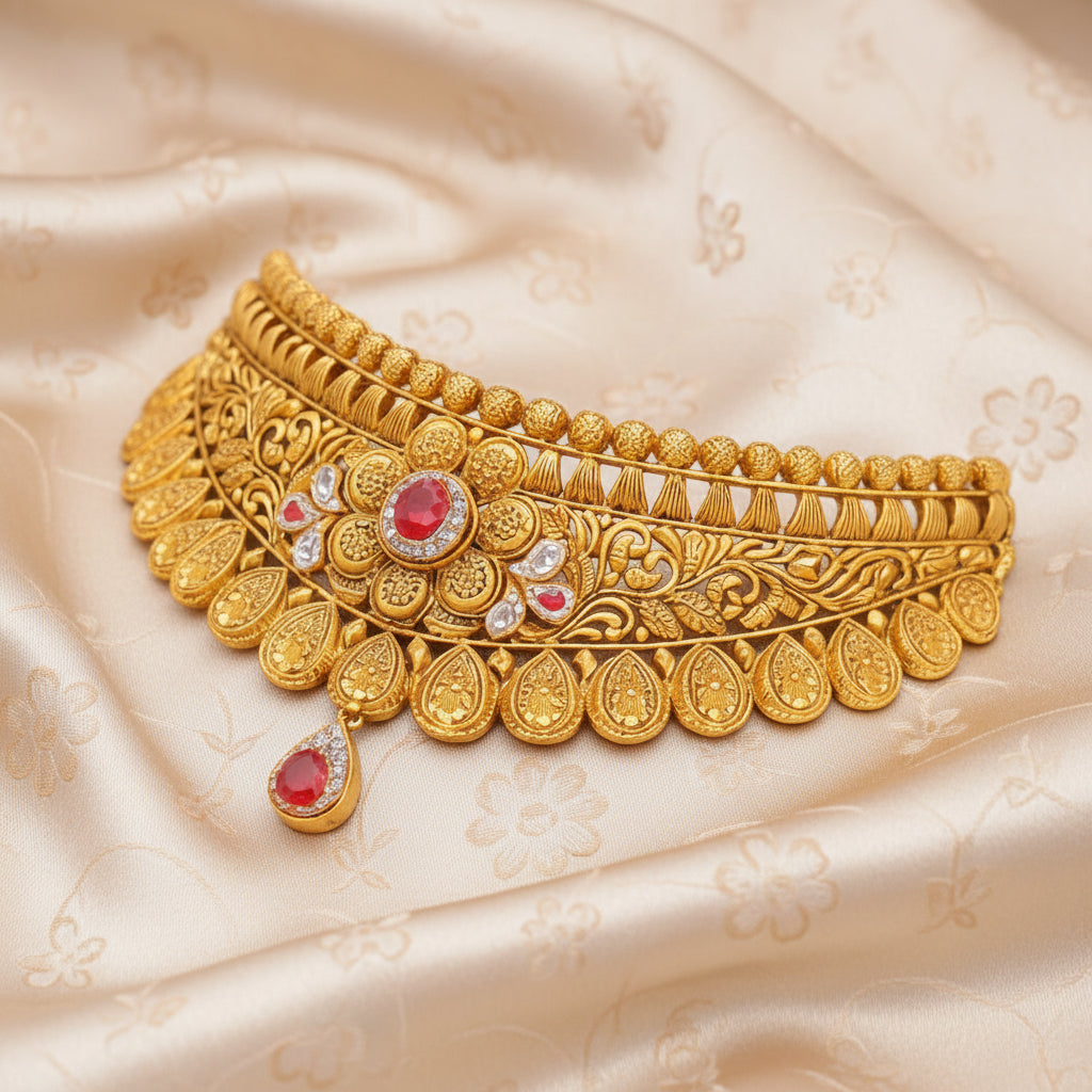 Antique Gold Temple Choker Necklace Set with Ruby Accents