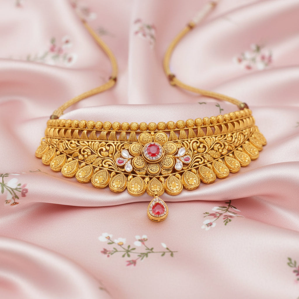 Antique Gold Temple Choker Necklace Set with Ruby Accents