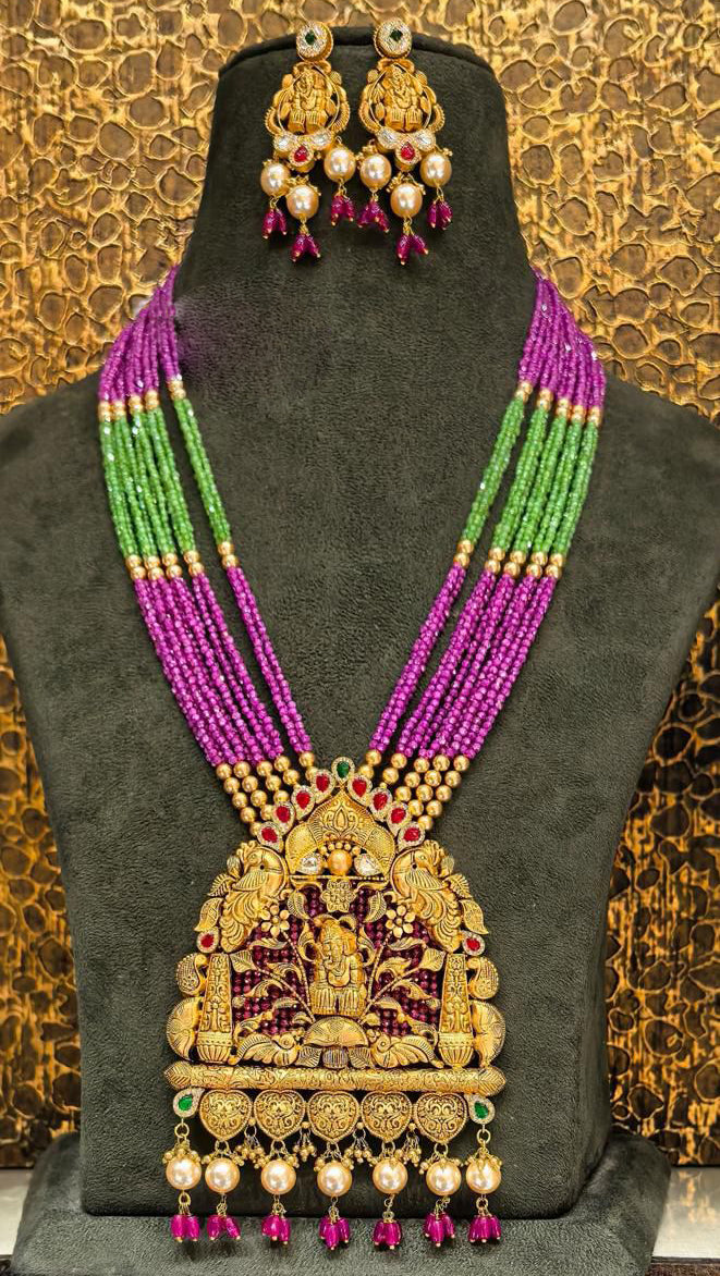 22Kt Gold Antique Radha Krishna Temple Long Necklace Set with Amethyst & Emerald Beads