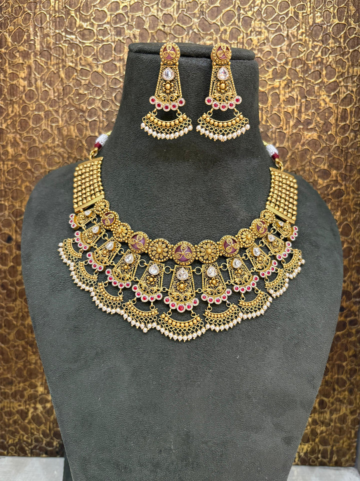 22Kt Gold Antique Rajwadi Bridal Choker Necklace Set with Meenakari & Chandbali Earrings