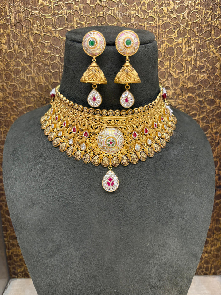 22Kt Gold Antique Broad Bridal Choker Necklace Set with Meenakari & Jhumka Earrings