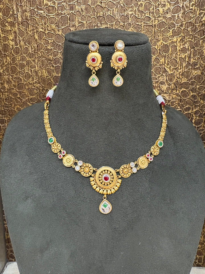 22Kt Gold Antique Sunburst Disc Choker Necklace Set with Ruby, Emerald & Polki