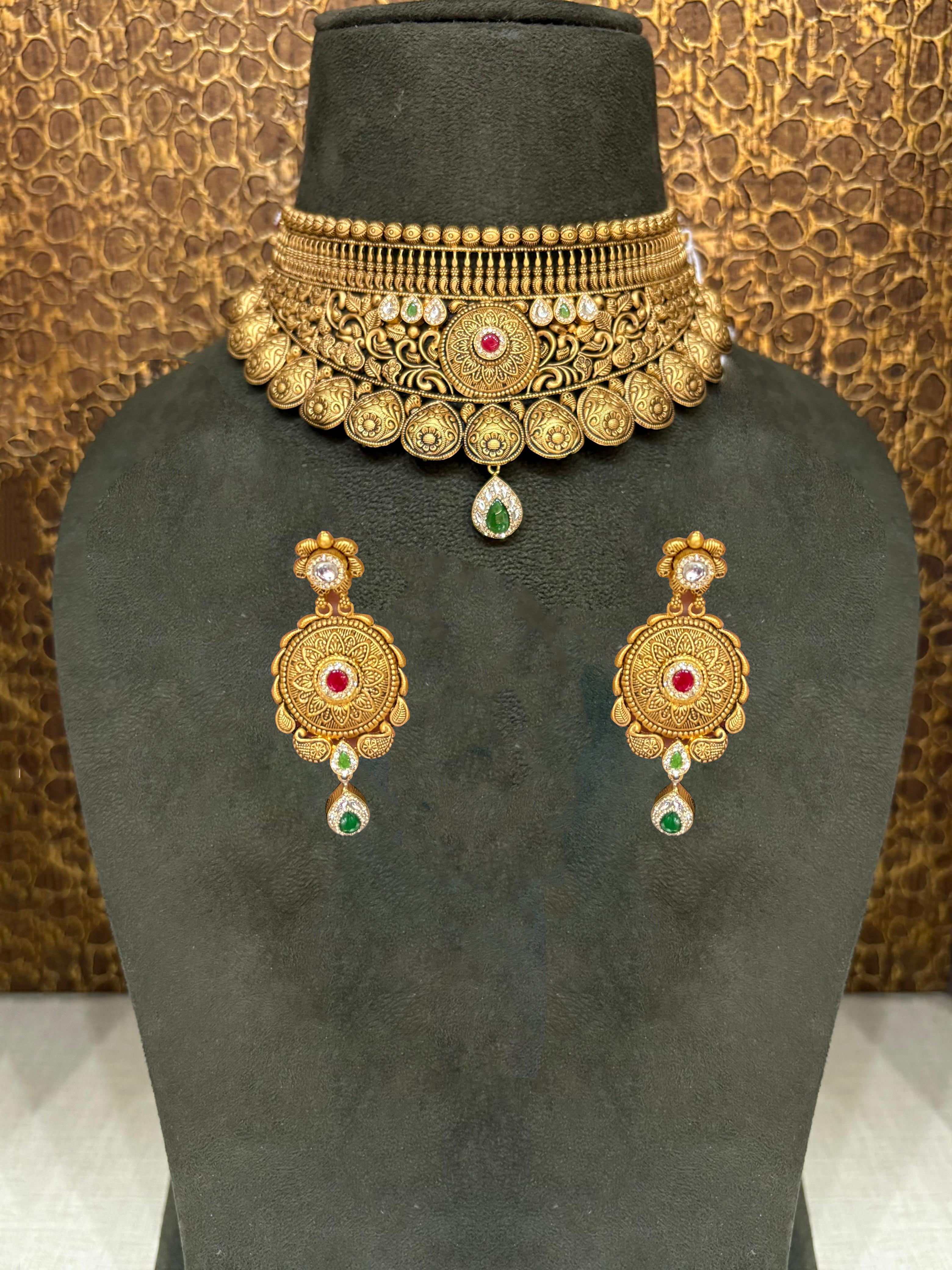 22Kt Gold Antique Layered Bridal Choker Necklace Set with Ruby, Emerald & Polki