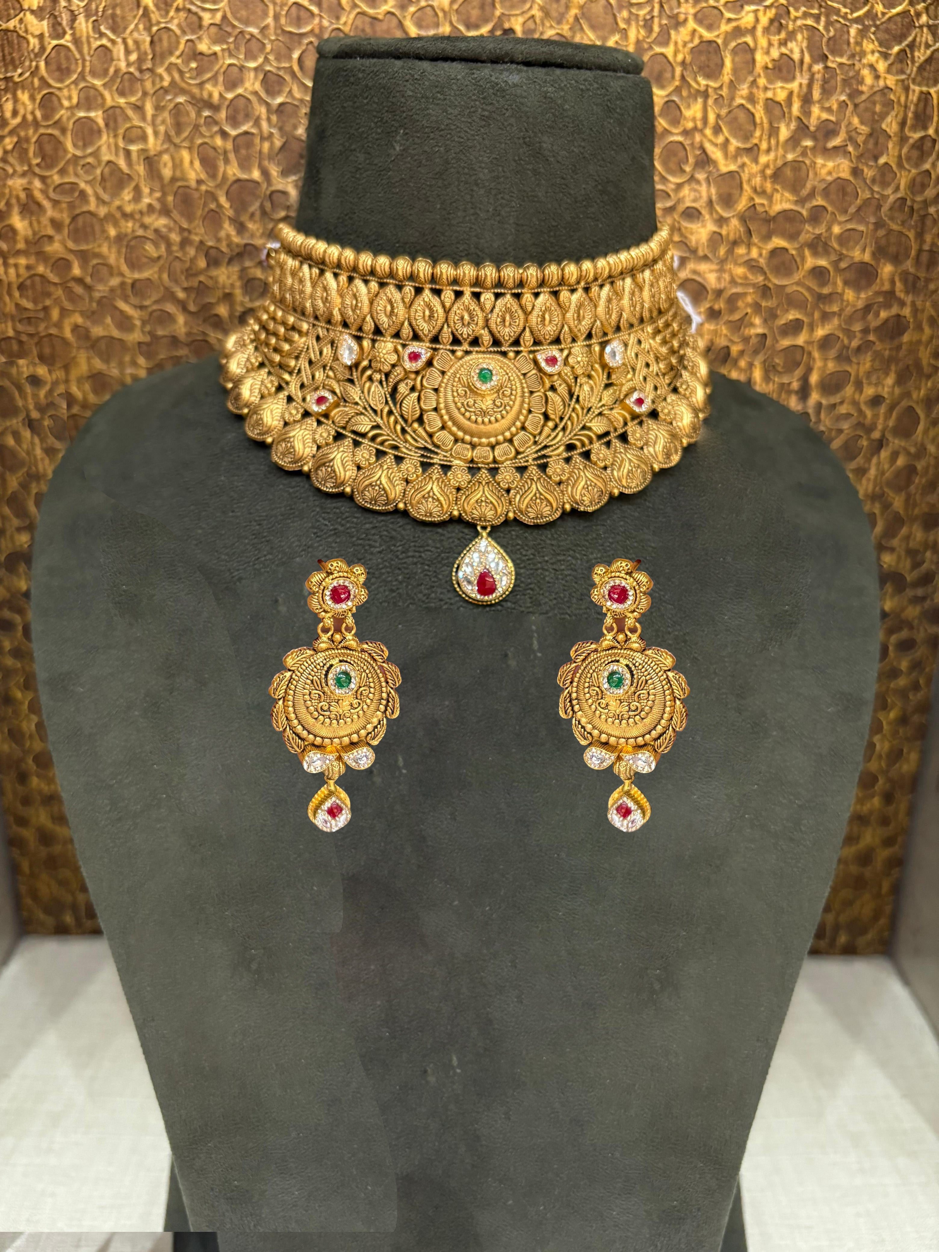 22Kt Gold Antique Broad Rajwadi Multi-Layer Bridal Choker Necklace Set with Ruby & Emerald