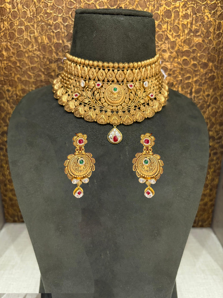 22Kt Gold Antique Broad Rajwadi Multi-Layer Bridal Choker Necklace Set with Ruby & Emerald