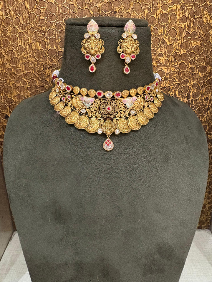 22Kt Gold Antique Lakshmi Coin Layered Bridal Choker Necklace Set with Ruby & Polki