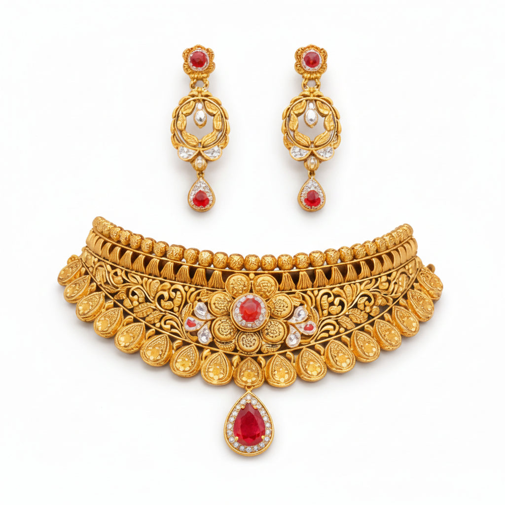 Antique Gold Temple Choker Necklace Set with Ruby Accents